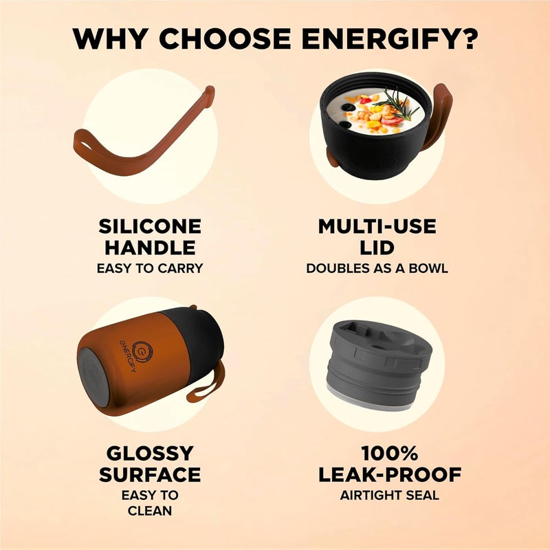 ENERGIFY Vacuum Insulated Food Jar. Large 17oz Bowl incl Folding Spoon, Cup. Wide Mouth Keep Hot & Cold Drinks Soup Lunch Container for Adults BPA-Free Stainless Steel, Leak Prooff Spiced copper - Image 5